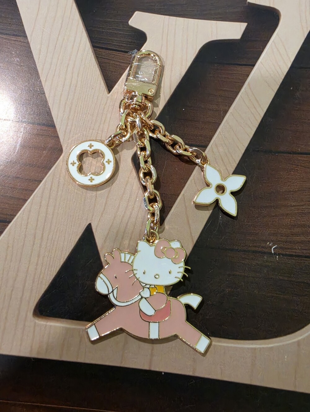 Cute Hello Kitty Pink Rocking Horse Bag Charm Keychain Gold-Tone LV Monogram